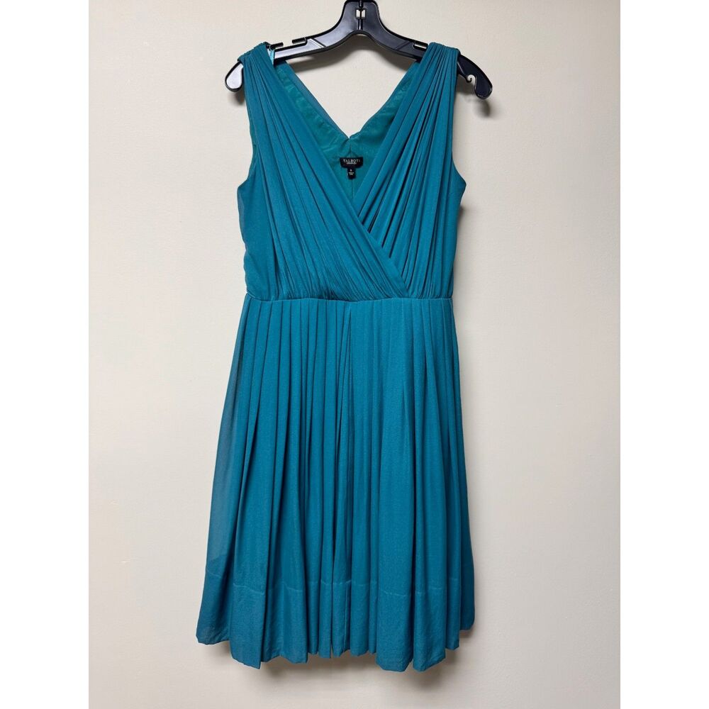 TALBOTS 100% Silk Teal Pleated V-Neck Fit Flare Dress, Surplice, Classic, Sz 6